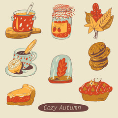 Cozy autumn vector illustration, hand-drawn warm seasonal objects