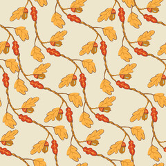 Cozy autumn vector acorns seamless pattern, hand-drawn warm seasonal texture