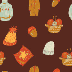 Cozy autumn vector seamless pattern, hand-drawn warm seasonal texture