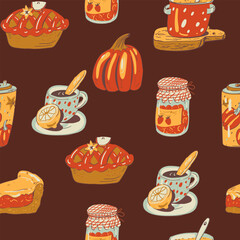 Cozy autumn vector seamless pattern, hand-drawn warm seasonal texture