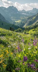 Alpine meadow wildflowers sunny valley. Stock photo