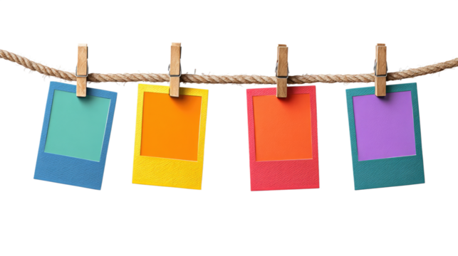 Four Instant Photo Frames Hanging on Rope isolated on transparent background Remove png, Clipping Path, pen tool