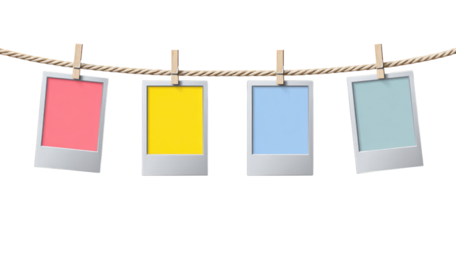 Four Instant Photo Frames Hanging on Rope isolated on transparent background Remove png, Clipping Path, pen tool