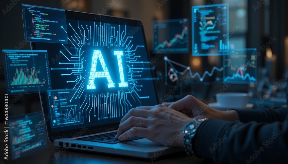 Poster person using laptop with ai technology and data analysis interface