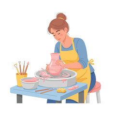 Woman crafting pottery on a wheel in a studio, a creative process whith the art