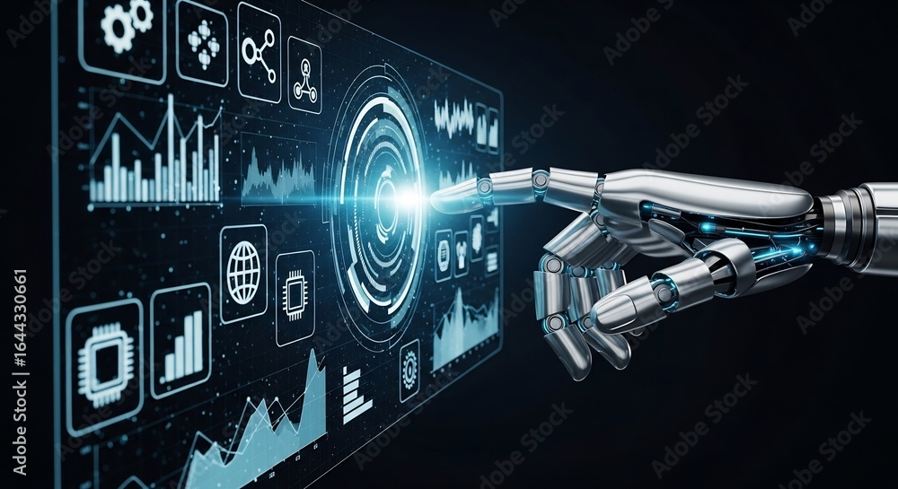 Poster futuristic robot hand touching a glowing digital dashboard with data analytics