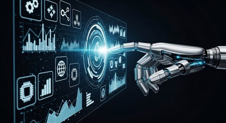 Futuristic Robot Hand Touching a Glowing Digital Dashboard with Data Analytics