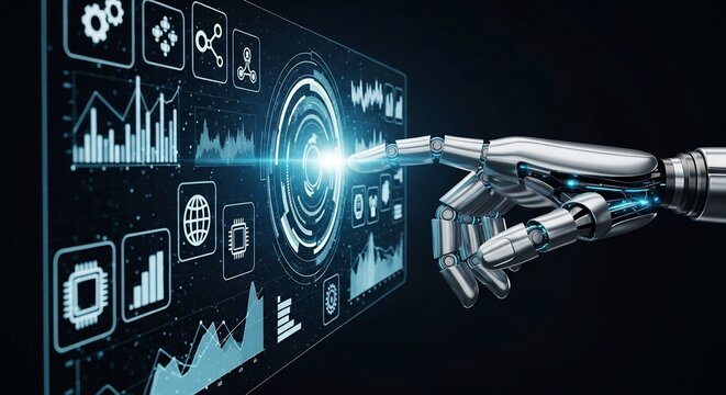 Futuristic Robot Hand Touching a Glowing Digital Dashboard with Data Analytics
