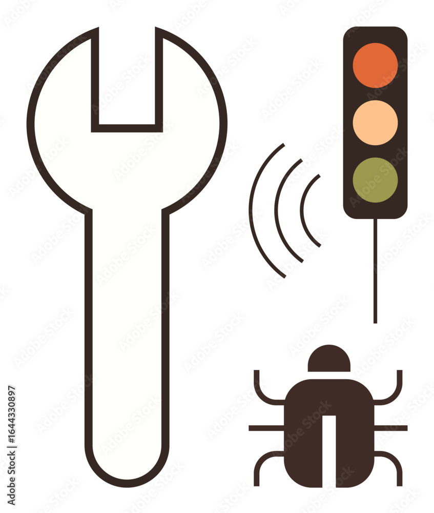 Poster minimalistic design featuring a wrench, traffic light, sound waves, and bug. ideal for repair, debug