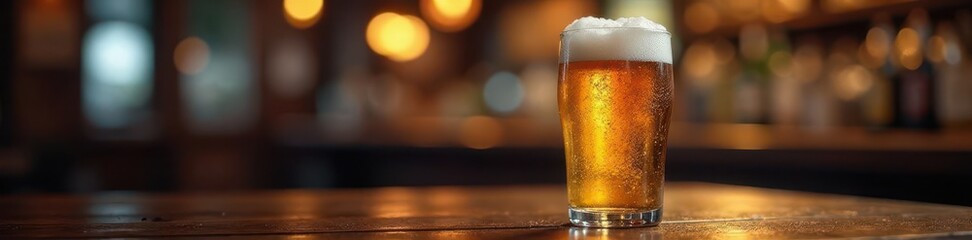 Frosty beer glass sits on dark wood pub table, bokeh background , background, head