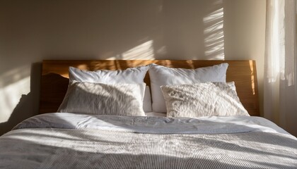white bedding with pillows and duvet on bed in softly lit room with shadow patterns on wall