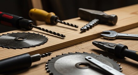 Woodworking tools on wooden surface
