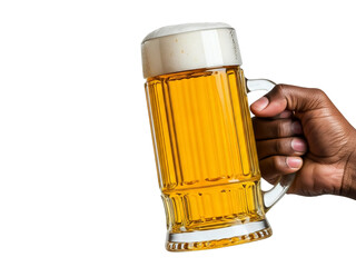Man holding a glass of beer in cheers gesture