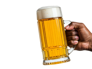 Man holding a glass of beer in cheers gesture