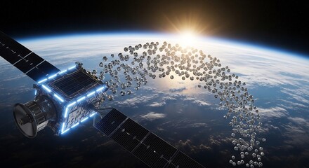 Futuristic Satellite Deploys Swarm of Reflective Spheres Over Earth's Atmosphere at Sunrise