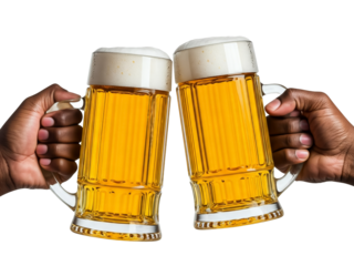 Two mans toasting glasses of beer in cheers gesture, splashing out.
