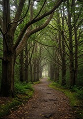 Fototapeta premium Forest path lined with arched trees and misty background