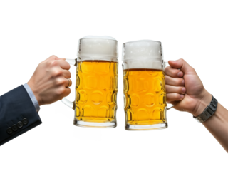 Man holding a glass of beer in cheers gesture
