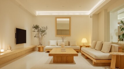 Fototapeta premium Cozy modern living room with light wood furniture, minimalist decor, and soft lighting