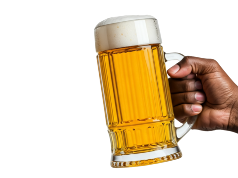 Man holding a glass of beer in cheers gesture