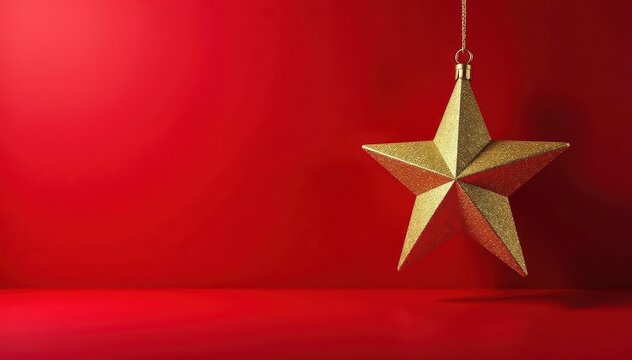 Elegant gold glitter Christmas star ornament on red background, hanging ornament, gold star ornament