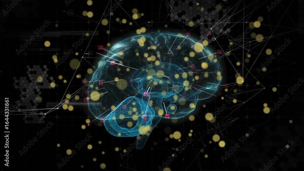 Aufkleber materializing cyan 3d brain rotating, spheres orbiting and lines extending visualizing network