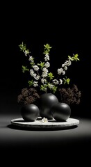 Elegant Floral Arrangement Black Vases White Flowers Dark Background.