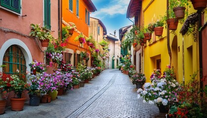 a colorful italian village alley adorned with flowerpots symbolizing rustic charm cultural heritage and the timeless appeal of slow travel experiences