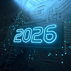 Glowing neon blue 2026 numbers on a dark circuit board with glowing blue dots year future
