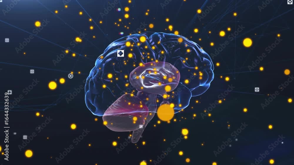 Aufkleber yellow spheres starting swirling around 3d brain rotating in space with icons fading for mapping