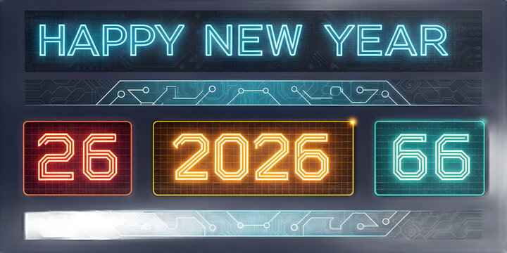 Glowing neon numbers 26 2026 66 and happy new year text on dark background image