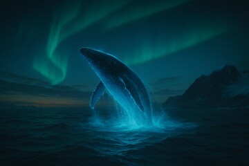 Stunning bioluminescent whale breaches ocean under vibrant aurora borealis sky