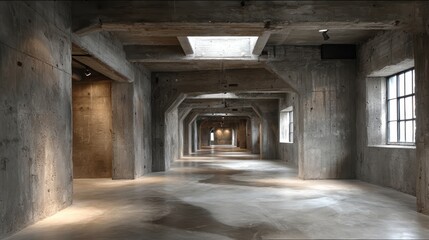 Concrete Hallway Architecture, Industrial Space, Minimalist Design