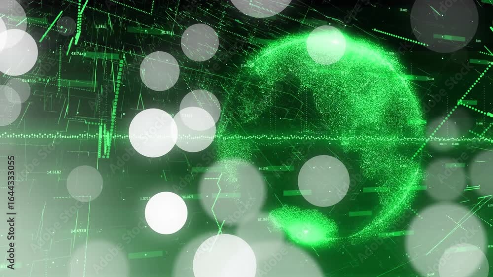 Poster Dark green grid filling frame initiating circles floating particle sphere emerging visualizing data