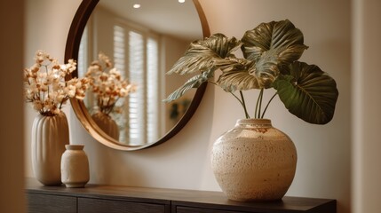 Interior Decor: Plants, Vases, and Round Mirror Design