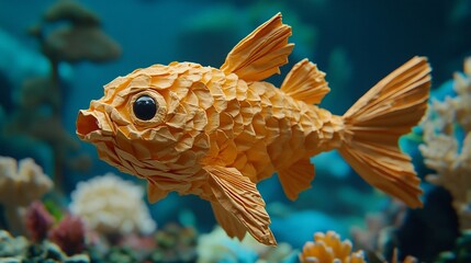 Ornate origami fish in an underwater scene