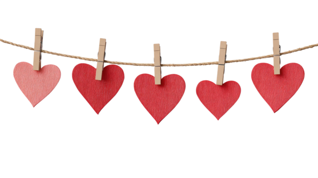 Paper Hearts Hanging on Rope with Small Clips isolated on transparent background Remove png, Clipping Path, pen tool