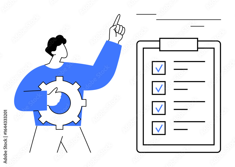 Poster man holding gear symbolizing process improvement points to a checklist with completed tasks. ideal f