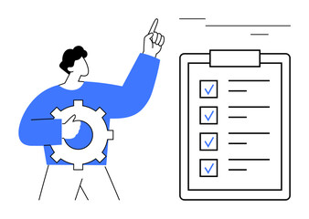 Man holding gear symbolizing process improvement points to a checklist with completed tasks. Ideal for productivity, organization, teamwork, planning, task management, business strategy, simple flat