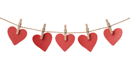 Paper Hearts Hanging on Rope with Small Clips isolated on transparent background Remove png, Clipping Path, pen tool