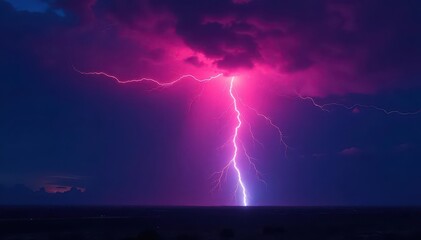 A vibrant red and blue lightning bolt streaks across a dark sky , vivid, nature
