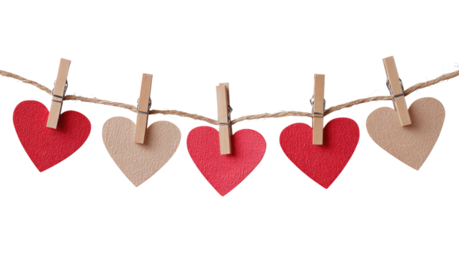 Paper Hearts Hanging on Rope with Small Clips isolated on transparent background Remove png, Clipping Path, pen tool - Powered by Adobe