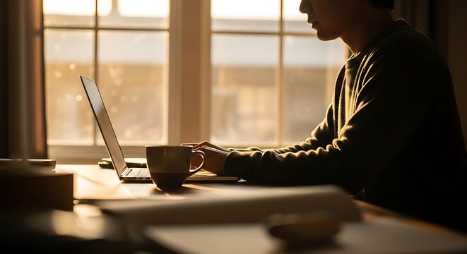 A man focused on his work, typing on a laptop by a sunlit window, embodying the concept of remote work and digital productivity.