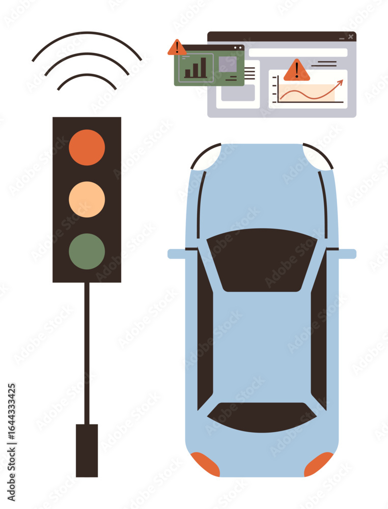 Poster car next to traffic light connected by sensor waves, analytics dashboard with alerts. ideal for smar