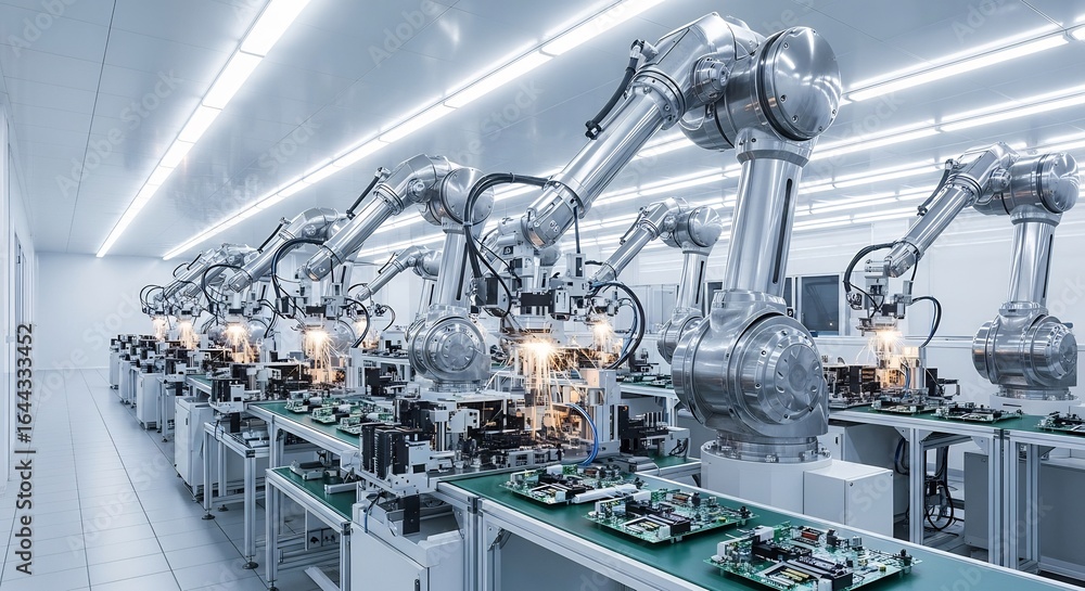 Poster gleaming robotic arms perform precision soldering on a high-tech assembly line