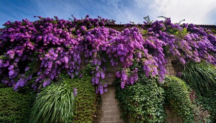 Obraz premium dense purple flowers cascading over a wall lush green foliage