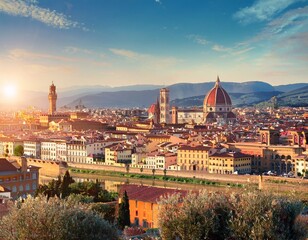 Fototapeta premium panoramic view of florence cityscape with duomo cathedral and rooftops ideal for historical tourism cultural heritage and architectural appreciation