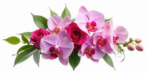 Fototapeta premium Elegant bouquet of roses and orchids, isolated on white , texture, arrangement
