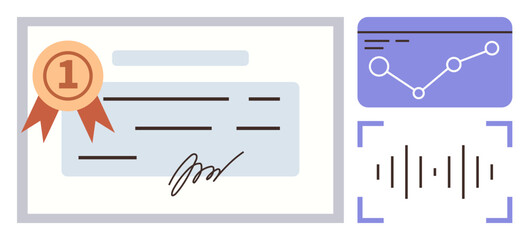 Certificate with award ribbon, analytics graph, and soundwave visual. Ideal for success, achievement, recognition, validation, analysis education and data concepts. Clean flat design metaphor