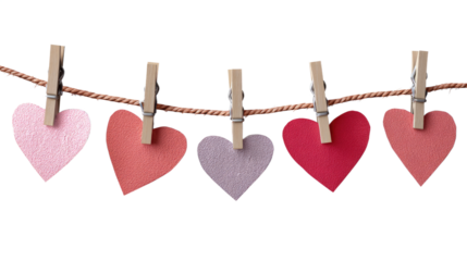 Paper Hearts Hanging on Rope with Small Clips isolated on transparent background Remove png, Clipping Path, pen tool
